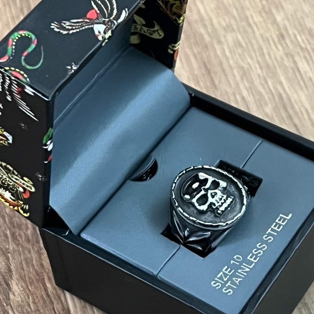 NEW Ed Hardy Skull Mens Stainless Steel Ring Sz 10